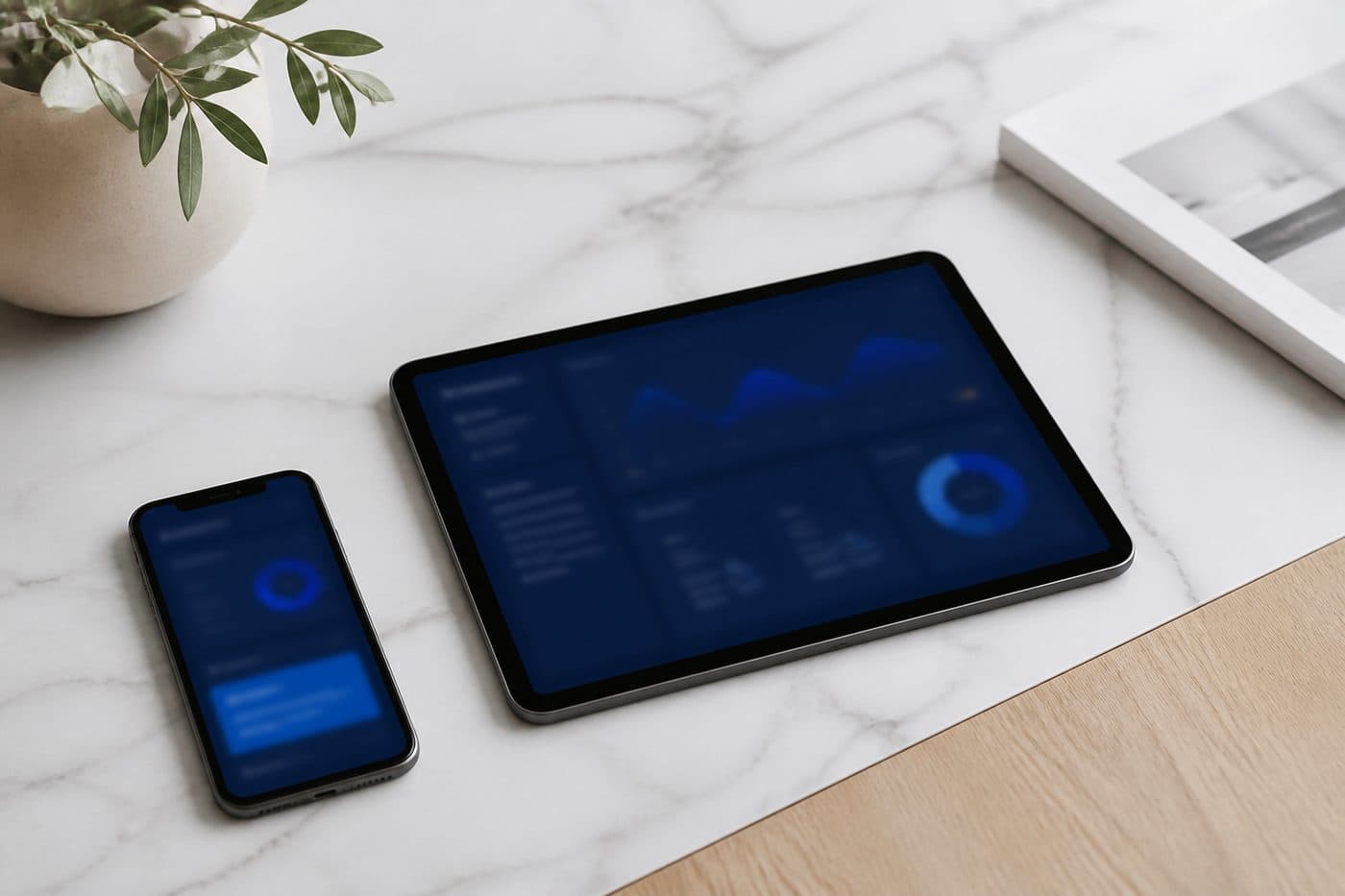 Mobilní telefon a tablet na světlém stole