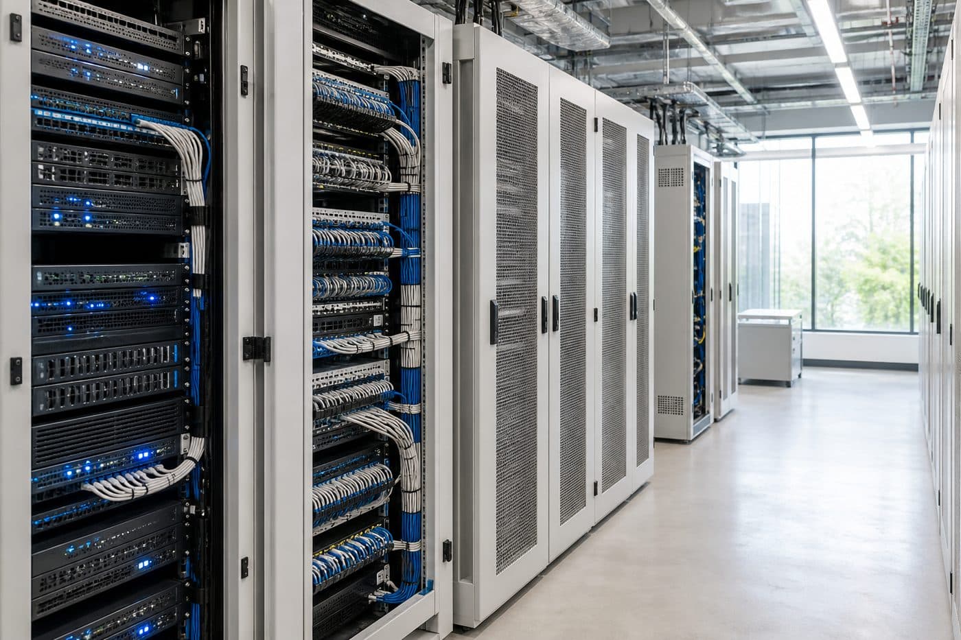 Světlá serverovna s uspořádanou kabeláží
